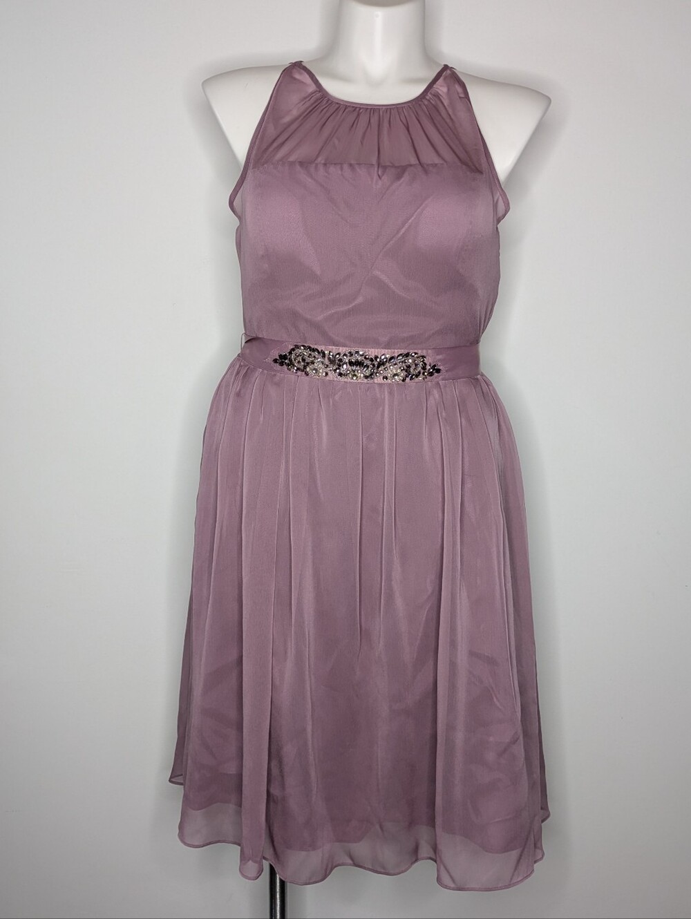 Adrianna Papell Purple Chiffon Beaded Tie Waist Belt Midi Evening Event Dress 16